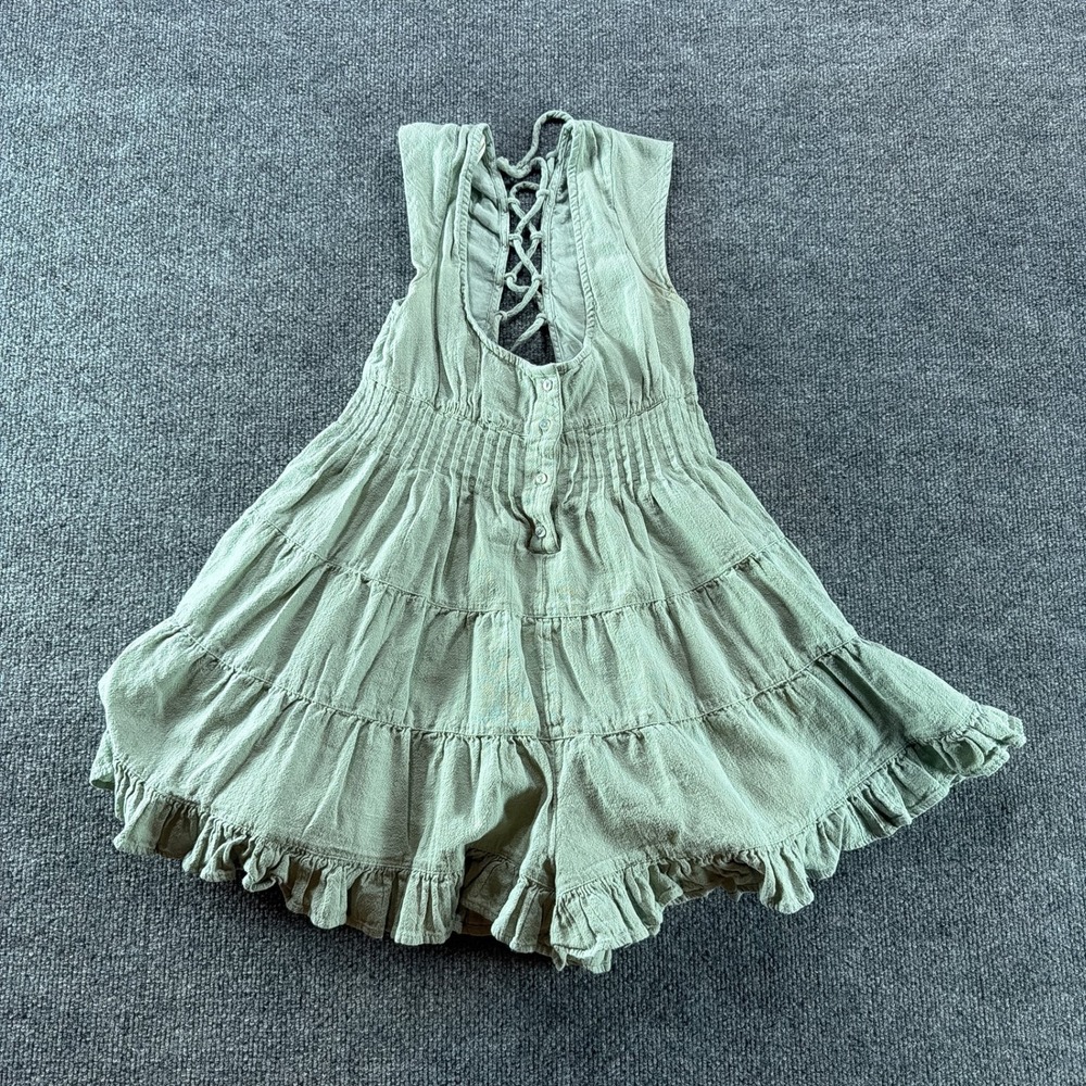 Urban Outfitters Sage Green Lace Up Back Ruffle Tiered Romper XS Boho Sleeveless